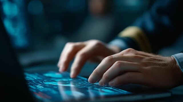 Military officer hands on laptop with defocused missile interface, faceless data center, target visualization detail, blurred screen background, coordinate concept, army interface,