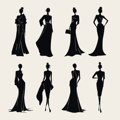 Stylish set of fashion women silhouettes in minimalist black design. Perfect for fashion branding, posters, and modern illustration projects