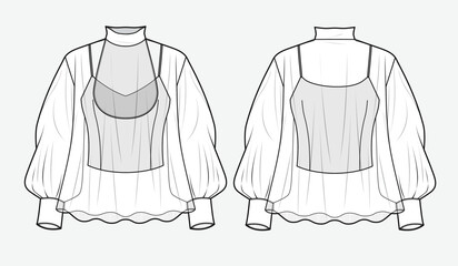 Blouson tops front and back view technical flat drawing vector mockup illustration.