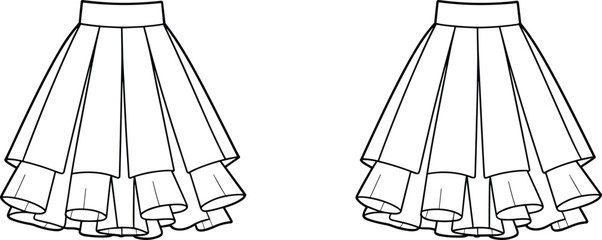 Layered flared skirt technical sketch, front and back view, tiered hemline, panel seams, fitted waistband, fashion flat, garment construction, vector illustration