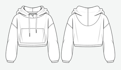 Ladies oversized cropped hoodie front and back view design technical flat sketch vector mockup template.