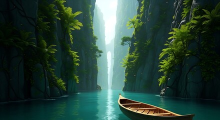Canoe on tranquil river in lush jungle canyon