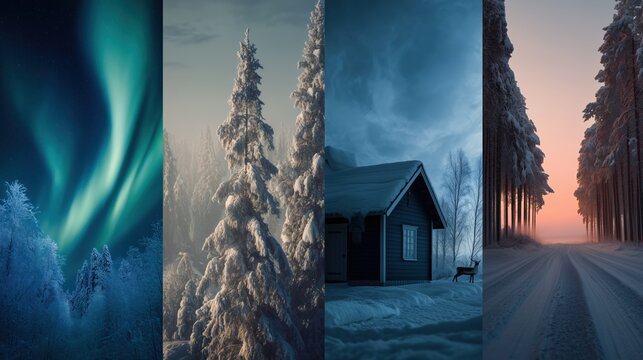  aurora borealis, wintery scene of snowy pine forest. collage 