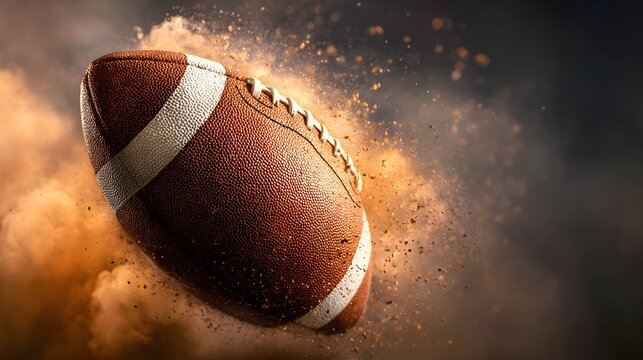 Close up of an inflated pigskin navigating a cloud of illuminated particles and dust