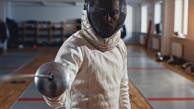 African american man fencer in protective mask and suit prepares to lunge with rapier at opponent on training strip. Fencing sport.
