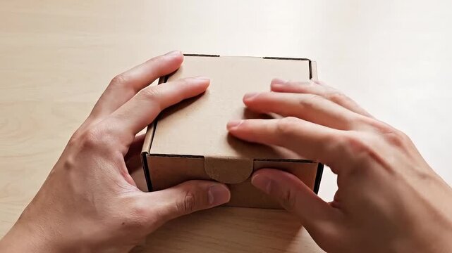A person opening a small cardboard box with white tissue paper inside on a light wood surface