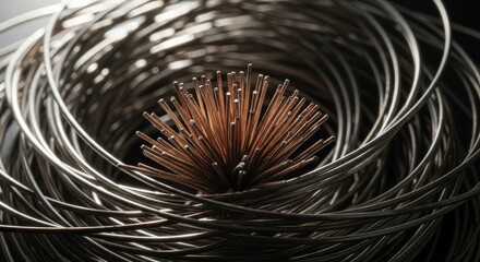 Metallic Wires Spiral with Copper Bundle - Coiled silver wires surround a copper bundle, symbolizing connection, technology, conductivity, potential, and precision in engineering
