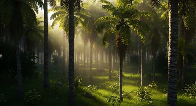 Sunlight filtering through lush palm trees in a forest