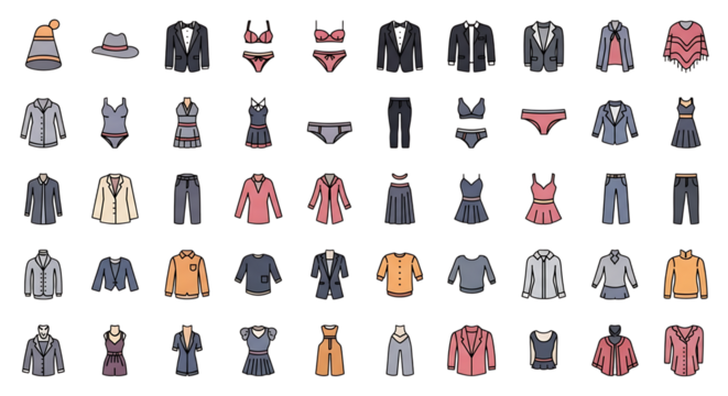 set of fashion accessories and women models in clothing illustrations