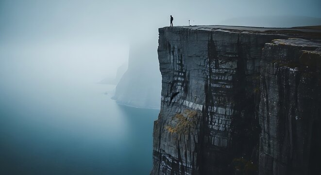 Lone figure standing on edge of dramatic cliff overlooking fog - Powered by Adobe