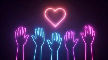 Obraz premium Neon hands reaching for a heart symbol glowing pink and blue representing love support and community in a vibrant modern design