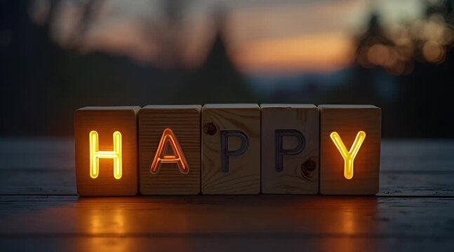 HAPPY Word Glowing in Neon Light on Wooden Blocks at Sunset Symbolizing Joy Positivity and Well-being