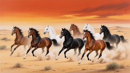 Fototapeta premium noble horses galloping through misty mountains, Gongbi high court Chinese fine art painting