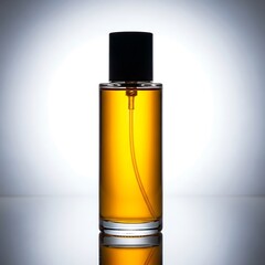 Elegant glass perfume bottle with golden liquid and black cap