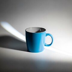 Blue ceramic mug casting a long shadow in studio lighting