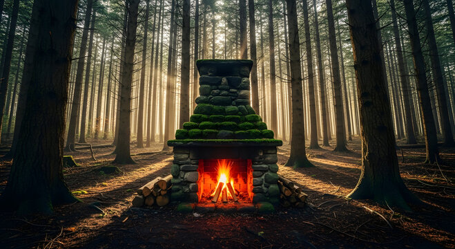 Mysterious stone fireplace with glowing fire in a dense sunlit forest