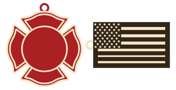 Firefighter ornament SVG, firemen badge tag, usa flag keychain, laser ready cut files, glowforge silhouette cricut, vector illustration