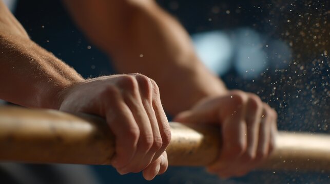 Close-up of fingers wrapped around textured bar with airborne chalk particles — representing gym motivation, workout intensity, and professional fitness-focused content for social media or wellness - Powered by Adobe