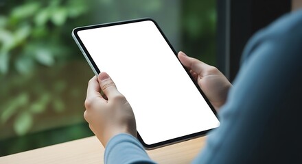 Person holding a smartphone with a blank white screen in their hands