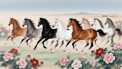 Obraz premium Gongbi style painting in the high court style, portraying eight vibrant horses galloping past blooming peonies, symbol of wealth and honor.