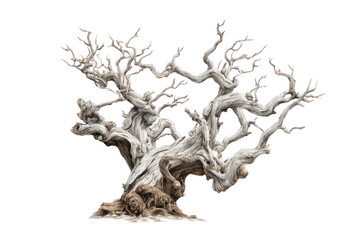 Detailed, stylized, aged tree with intricate branches