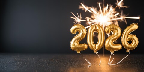 Gold Foil 2026 Number Balloons with Sparkler, New Year Banner on Black Background
