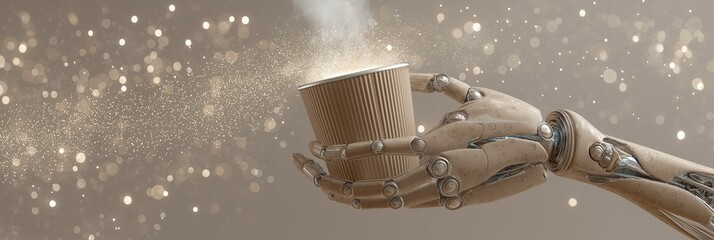 Robotic hand holding coffee cup symbolizes intersection of artificial intelligence, automation, and modern lifestyle in a futuristic digital environment