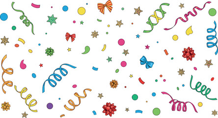 Obraz premium Colorful confetti, streamers, bows, and stars on white background on transparent background