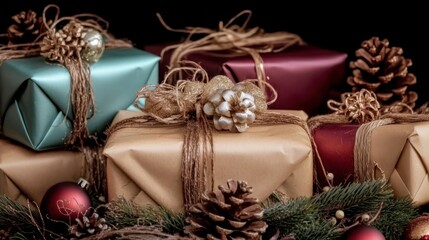 Festive Wrapped Presents: An arrangement of beautifully wrapped presents adorned with ribbons, bows, and festive decorations, conveying the spirit of giving and celebration. 