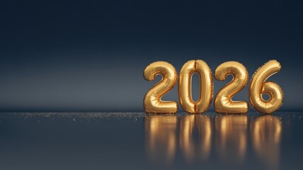 Gold foil 2026 balloons & confetti on glossy navy background — New Year banner