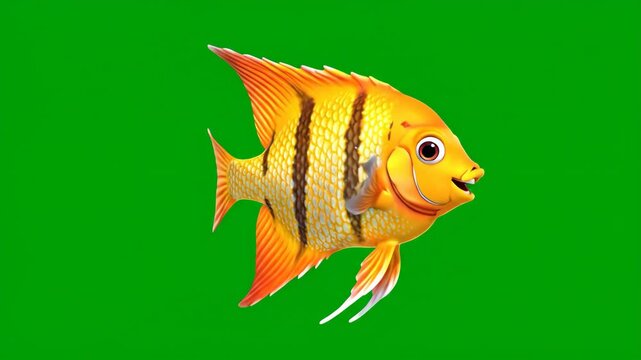 A cute animated cartoon angelfish with orange and yellow stripes swimming happily, isolated on a solid green screen background for easy chroma key compositing