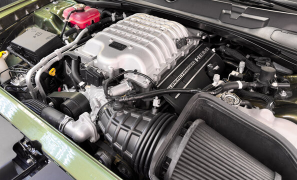 Yerevan, Armenia, November 12, 2025: Dodge Challenger SRT Supercharged engine. Dodge Challenger SRT Hellcat engine close up.