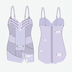 Camisole top front and back view technical flat sketch vector mockup illustration.