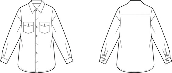 Long sleeve button-up shirt technical flat sketch, front and back view, detailed fashion CAD drawing, vector apparel design template, clothing illustration