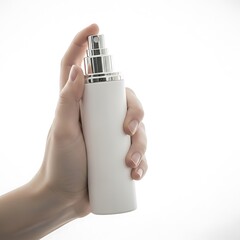 Hand holding a white cosmetic bottle with a silver pump dispenser