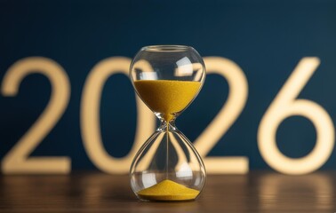 Gold Sand Hourglass with Blurred 2026 on Dark Teal — New Year Banner