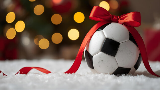 soccer ball with a red silk ribbon for christmas as a present gift for a boy in front of a christmas tree ai - Powered by Adobe