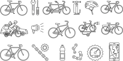 Bicycle Collection Icons Cycling, Gear, Repair Tools on Transparent Background