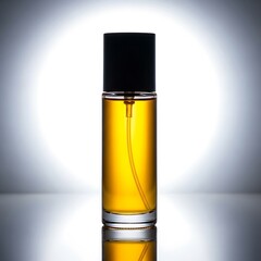 Elegant perfume bottle with golden liquid and black cap on reflective surface