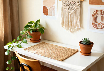 Bohemian style home office workspace with houseplants and macrame wall decor. Cozy desk setup with abstract art prints and natural elements
