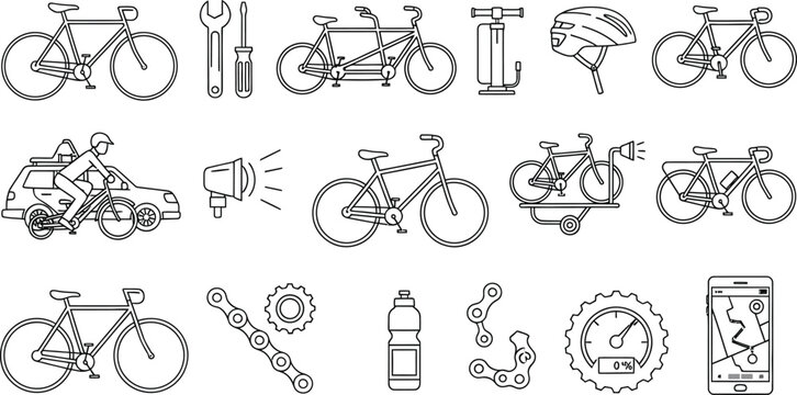 Bicycle Collection Icons Cycling, Gear, Repair Tools on Transparent Background
