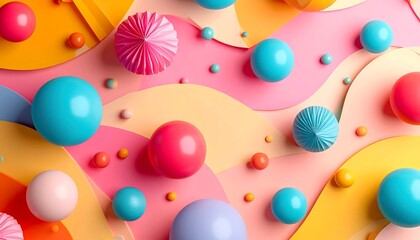 Playful pastel abstract with vibrant spheres and paper fan textures on wavy layers