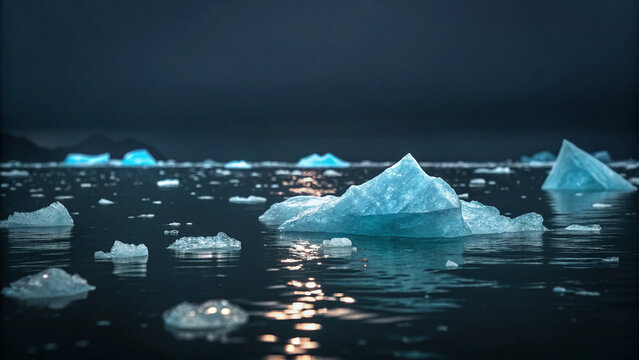 Icebergs Floating in Dark Water Under a Moody Night Sky image photo Background