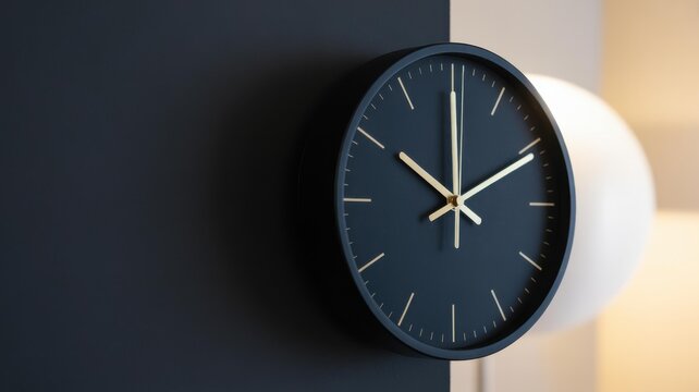 Minimalist navy wall clock with gold hands, close-up on charcoal wall — productivity app hero
