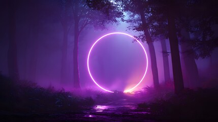 Fototapeta premium Brilliant neon ring illuminates misty, dark forest pathway at night