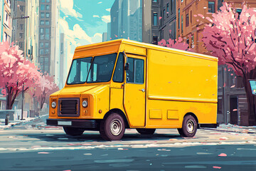 Obraz premium Yellow delivery truck standing on an urban street lined with blooming cherry blossom trees