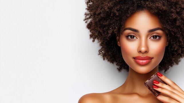 Chocolate Indulgence: A radiant individual, with captivating eyes and luscious lips, savors the rich delight of a square of chocolate, epitomizing the pleasure of a moment of sweet indulgence.