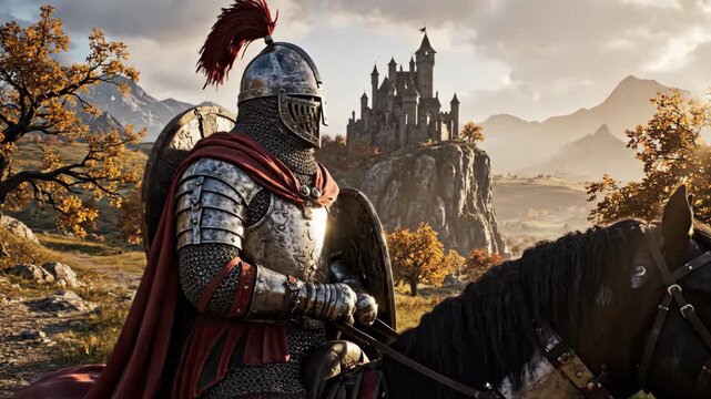 Man knight on horseback ready for battle near a medieval castle during golden hour. Epic historical adventure scene visualization.