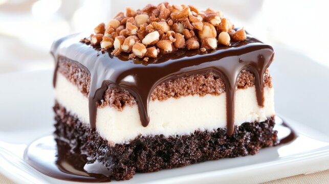 Decadent Layered Delight: A close-up showcases an exquisite layered dessert, where rich chocolate cake meets creamy layers.