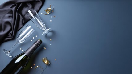 New Year's Eve flat lay — champagne bottle & two flutes, gold confetti on navy satin, top-down copy space